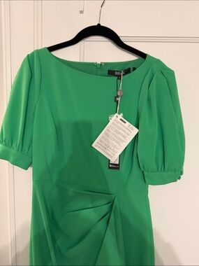 Badgley Mischka Emerald Green Midi Dress with Puff Sleeves